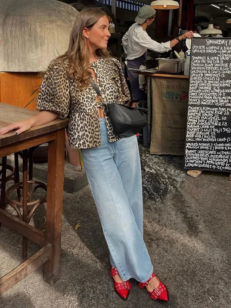 Leopard Shirts for Spring Loose Puff Sleeve Blouse Female Lace Up Cropped Top Ruffled