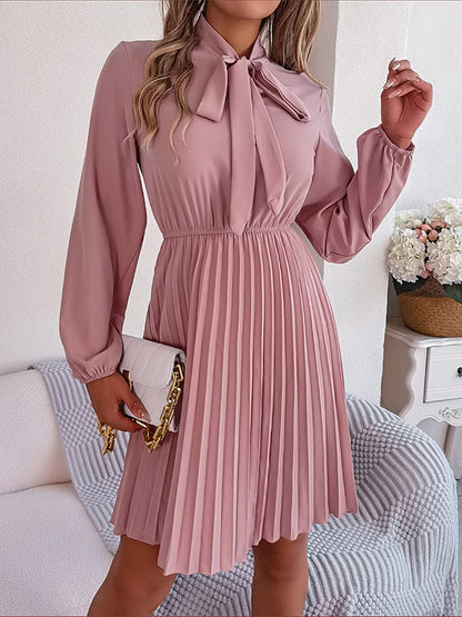 Long Sleeves Loose Pleated Color Tied Mock Neck Mini Dresses