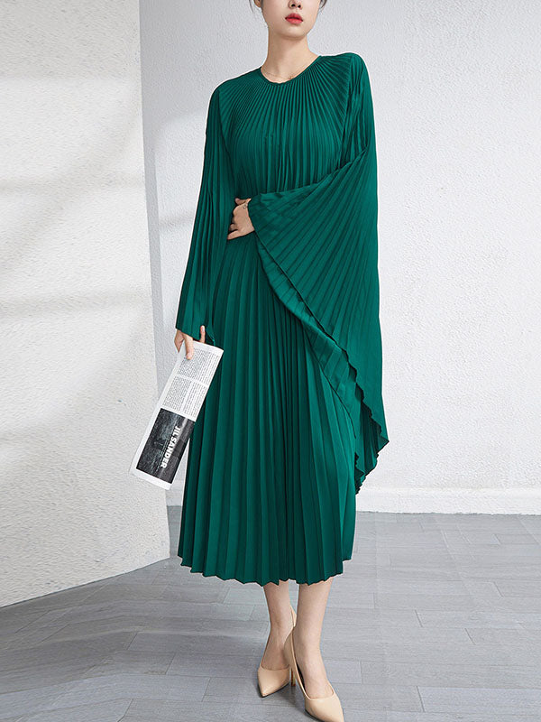 Urban Flared Batwing Sleeves Pleated Color Round-neck Midi Dresses