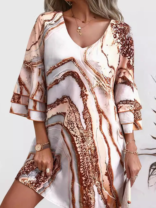 A-line Flared Sleeves Layered Printed Split-joint V-neck Mini Dresses