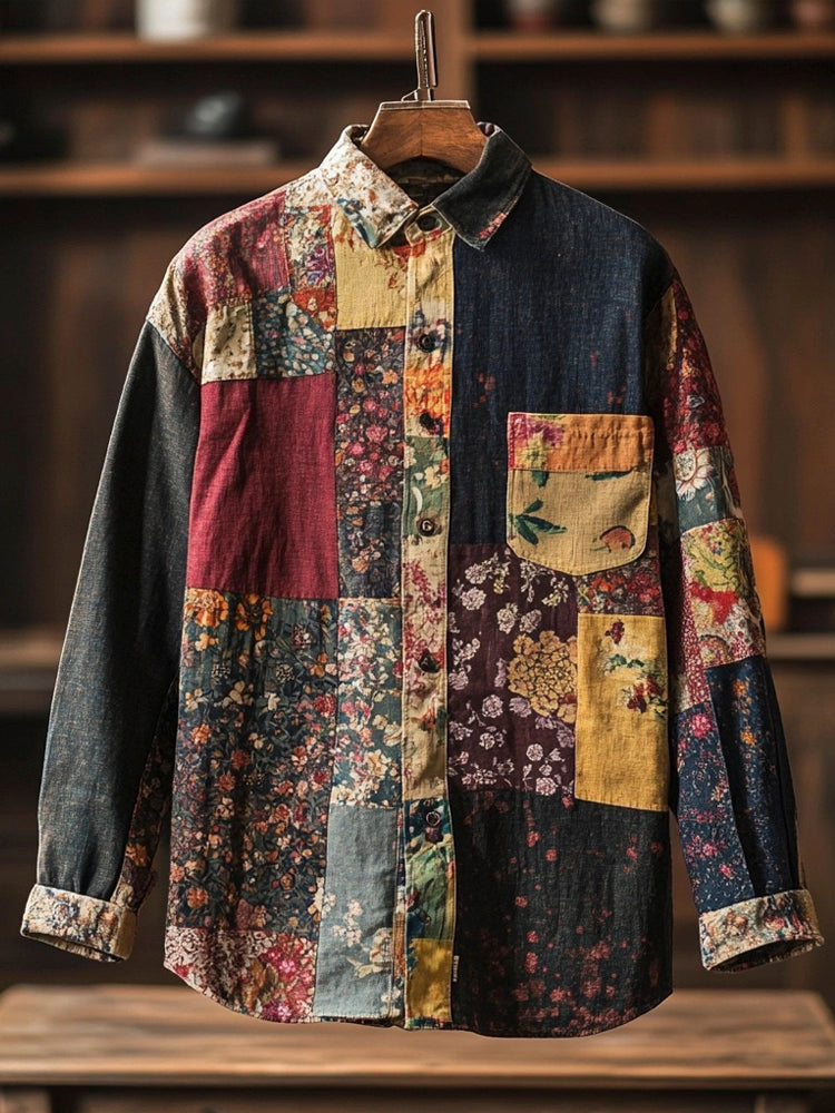 Boho Floral Patchwork Fabric Men's Vintage Linen Shirt elevenforest