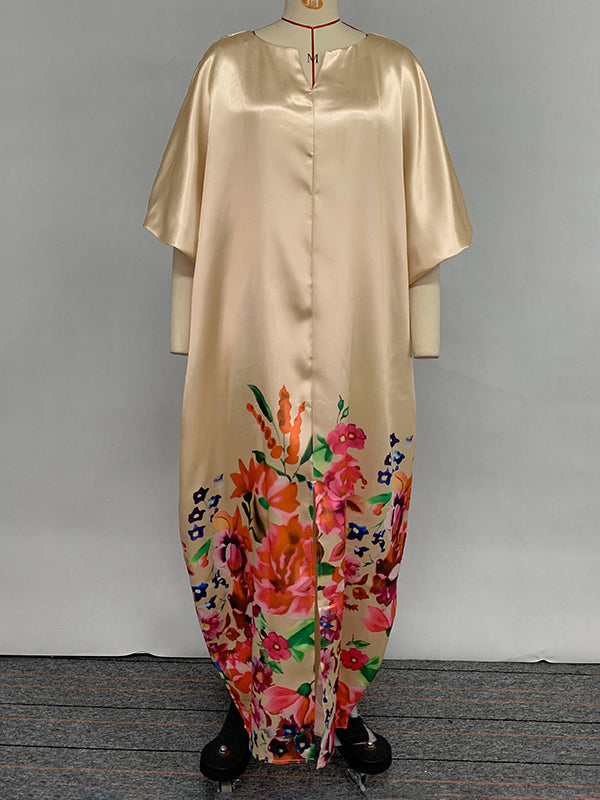 A-line Half Sleeves Elasticity Flower Print Split-front V-neck Maxi Dresses