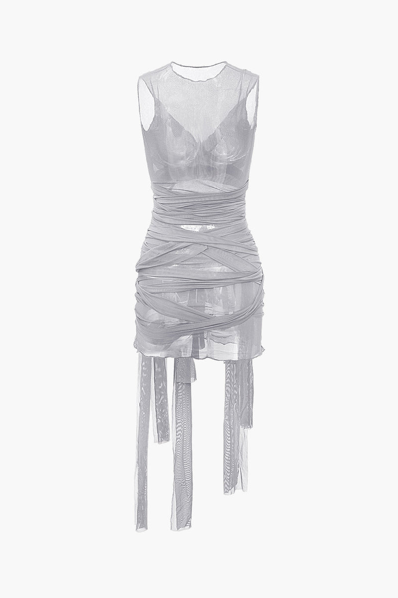 Color Sheer Mesh Wrap Tie Ribbon Mini Dress