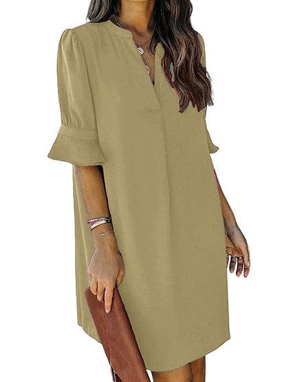 A-line Flared Sleeves Pleated Ruffled Color Split-joint V-neck Mini Dresses