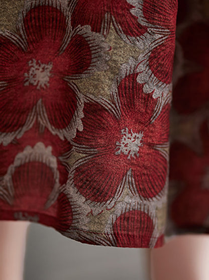 Loose Oversize Drawstring Printed Round-neck Midi Dresses