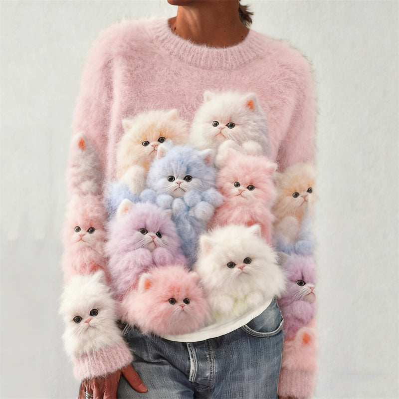 Lovely Fuzzy Colorful Cats Cozy Knit Sweater elevenforest