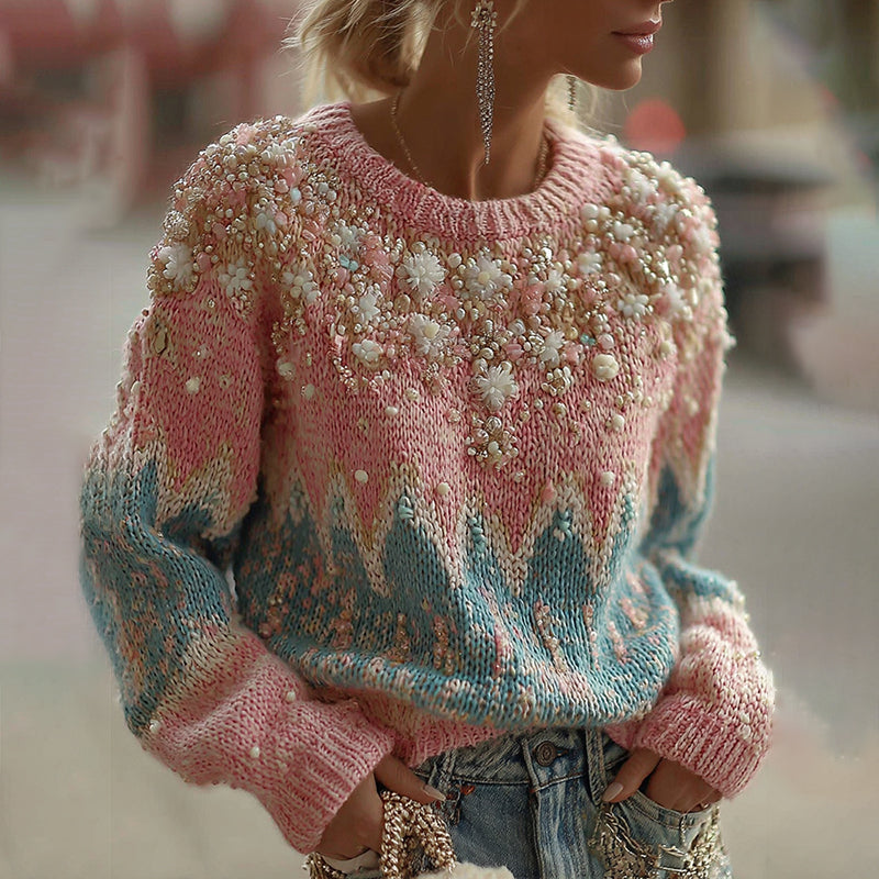 Women's Classic Fairman Island Wave Pattern Sequin Sweater elevenforest