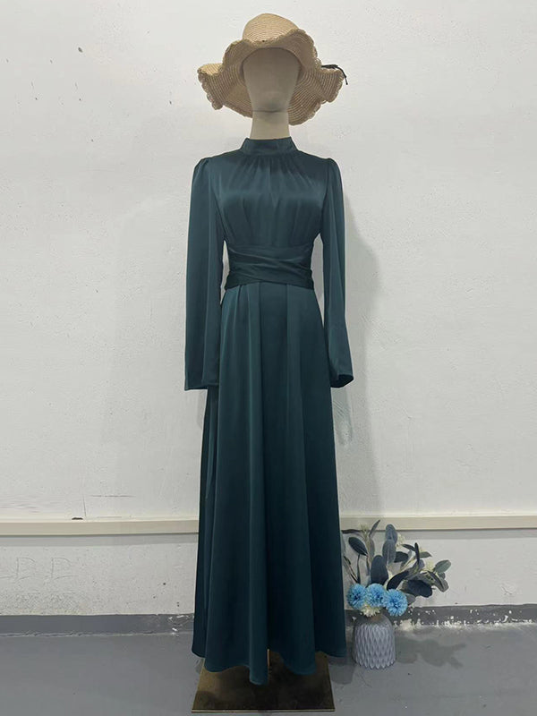 Long Sleeves Loose Pleated Color Tied Waist Mock Neck Maxi Dresses