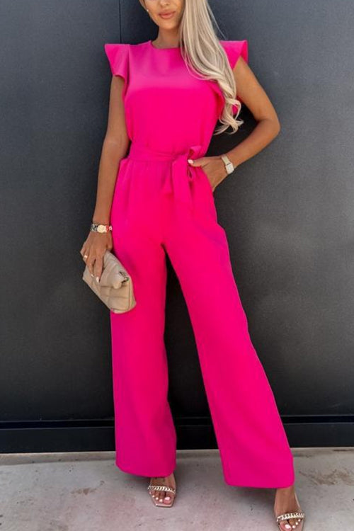 Crewneck Ruffle Short Sleeve Tie Waist Jumpsuit