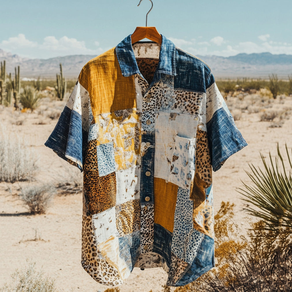 Men's Retro Patchwork Contrast Color Linen Shirt elevenforest