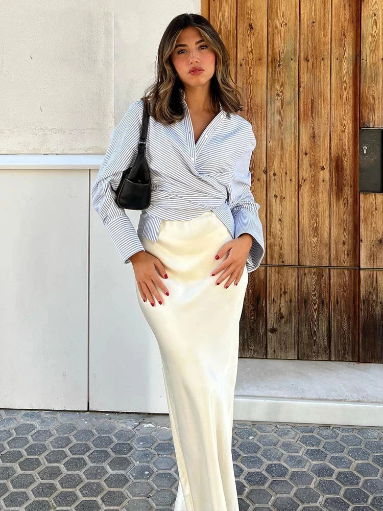 White High Waist Slim Maxi Skirt – Patchwork Summer Long Skirt