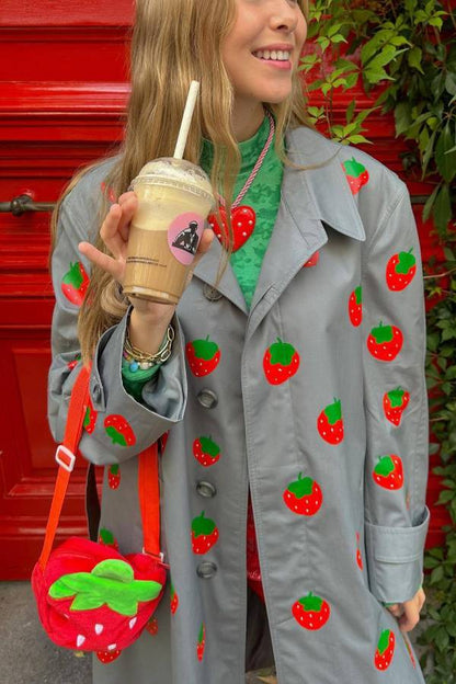 Fruit Print Long Coat Cherry Trench Coat