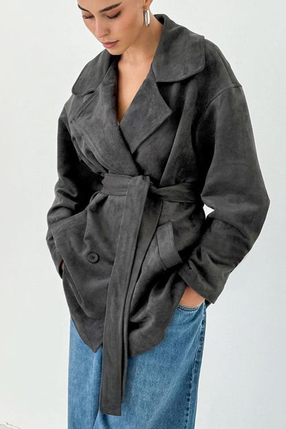 Brown Suede Tie Waist Overcoat