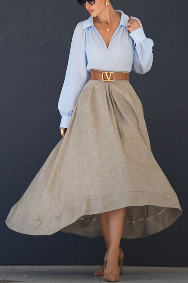 Caught a Vibe Linen Blend Back Elastic Waist Pocketed High Low Maxi Skirt