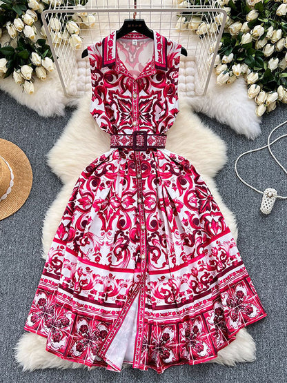 Sleeveless Belt Buckle Buttoned Contrast Color Printed Midi Dresses