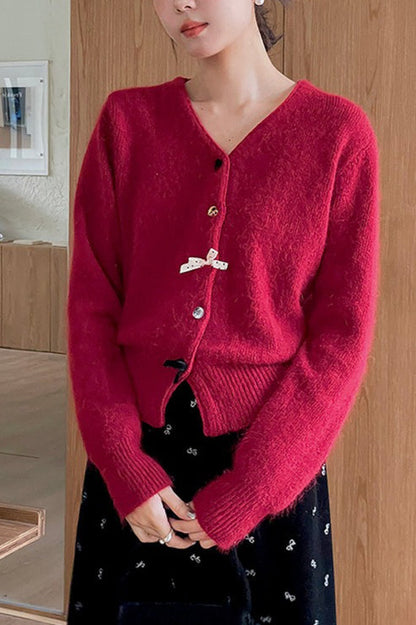 V Neck Bow Detail Button Cardigan