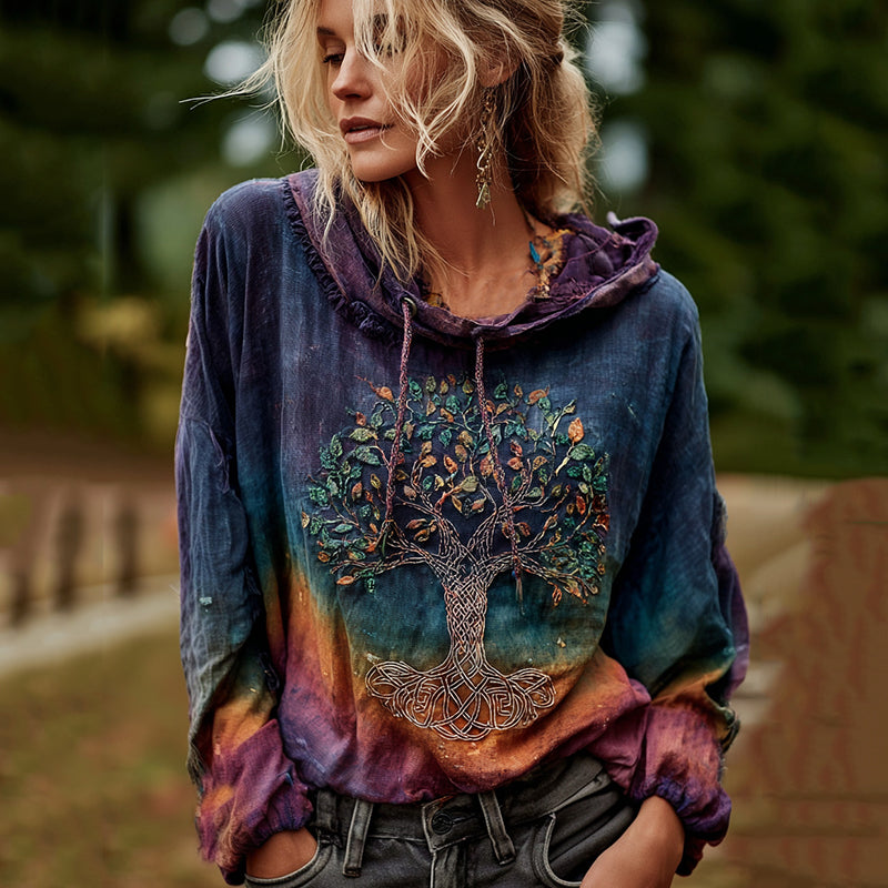 Women's Classic Viking Tree Of Life Art Gradient Comfort Hooded Linen Shirt elevenforest