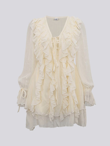 A-line High Waisted Ruffle Trim Color Tied V-neck Mini Dresses