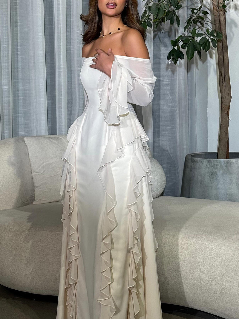 Celestial Grace - Off-shoulder Ruffled Maxi Dress