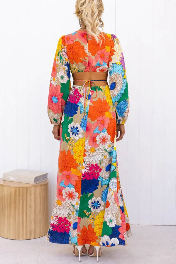 Bloom Forever Print Cutout Elastic Waist Maxi Dress