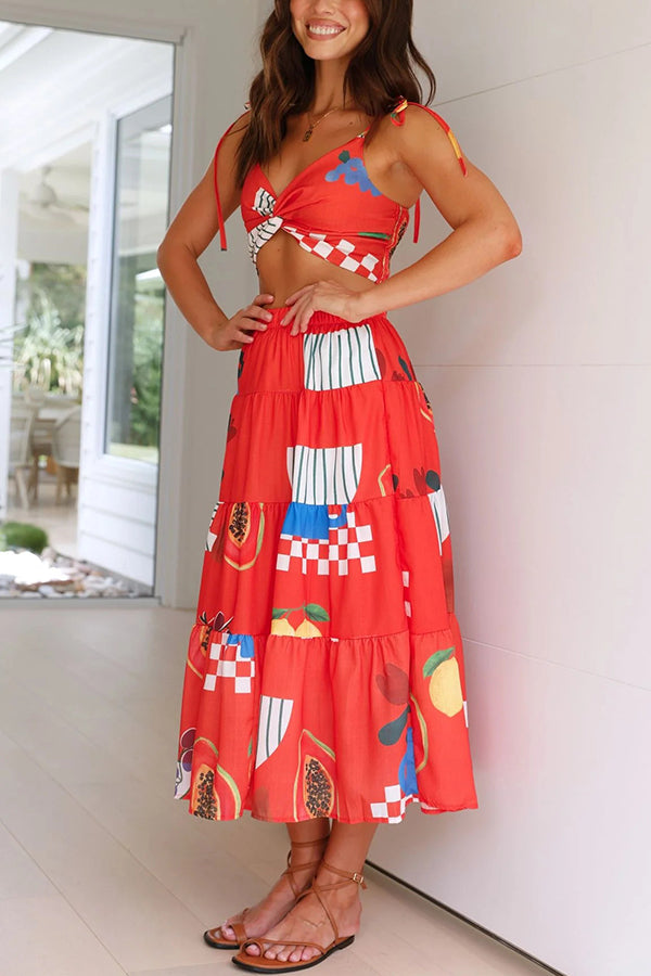 Unique Printed Camisole Elastic Waist Long Skirt Two Piece Set