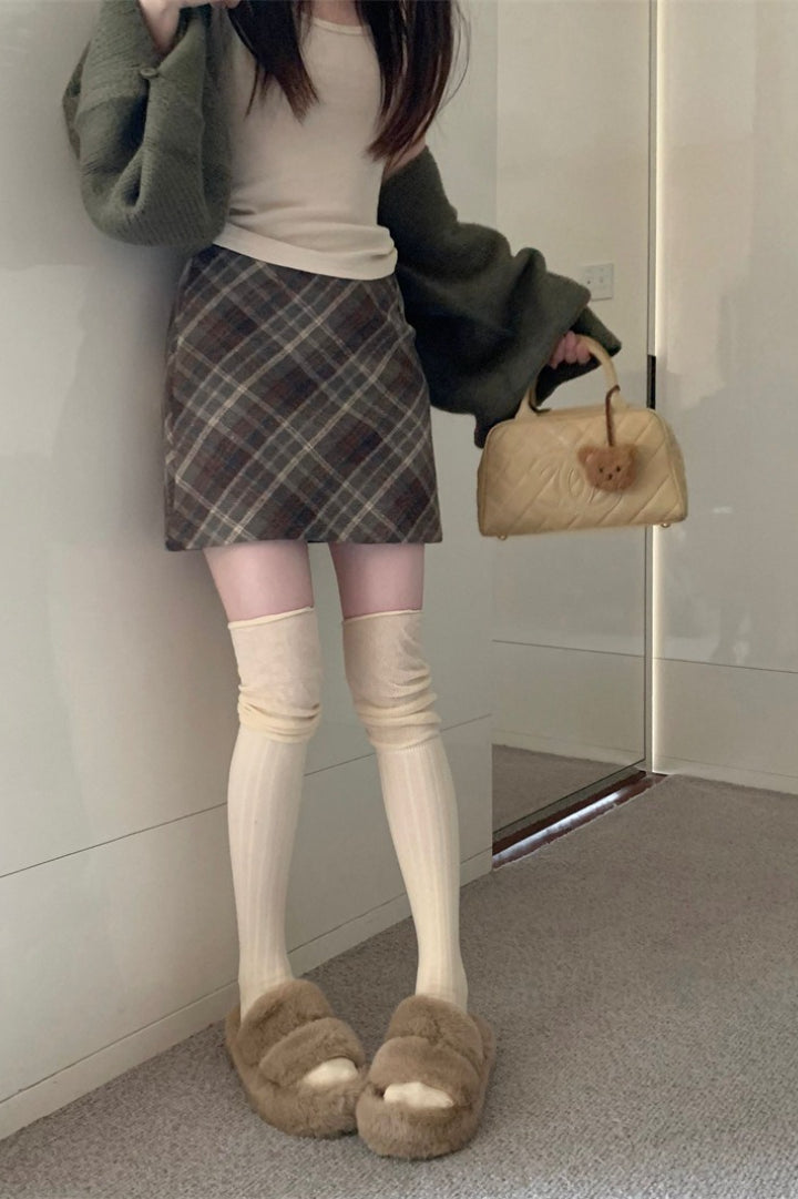 Wool Plaid High Waist A-line Skirt
