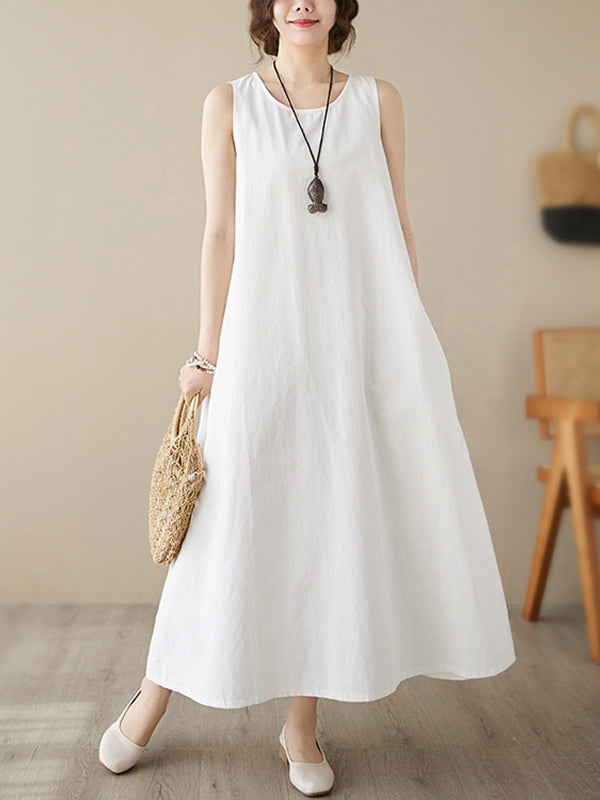 Loose Sleeveless Color Round-neck Midi Dresses