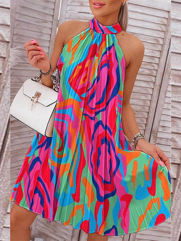Loose Pleated Printed Halter-neck Mini Dresses Short Dresses