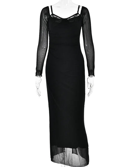 Long Sleeve Mesh Patchwork Lace Double Layer Midi Dress for Autumn Party Clubwear Long Dress