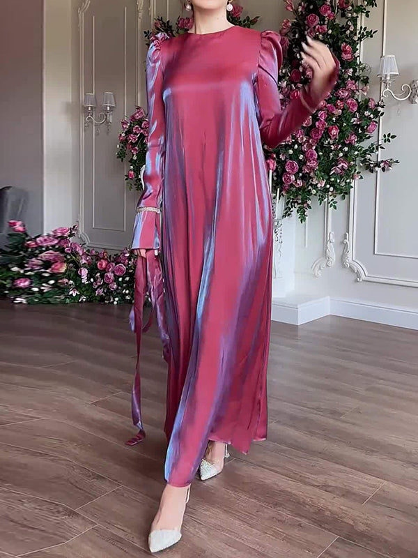 A-line Long Sleeves Pleated Color Tied Waist Zipper Round-neck Maxi Dresses