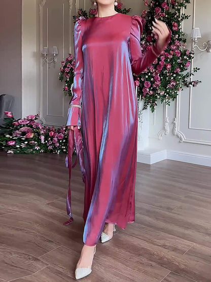 A-line Long Sleeves Pleated Color Tied Waist Zipper Round-neck Maxi Dresses