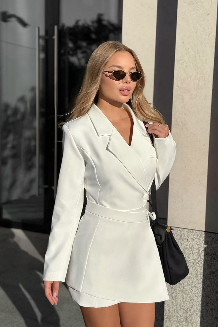 White Tailored Wrap Waist a Line Mini Dress