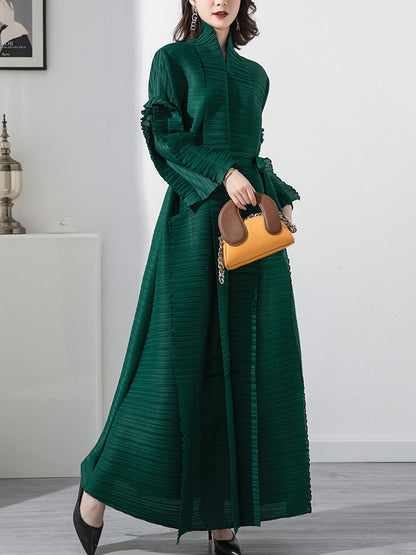 Long Sleeves Loose Tied Pleated Stand Collar Midi Dresses