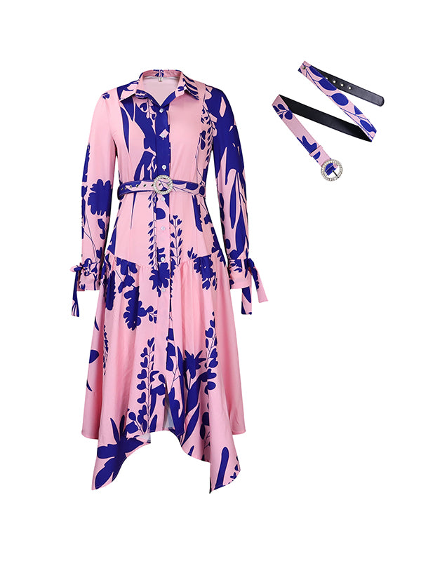 Irregular Clipping Long Sleeves Lace-up Pleated Printed Split-joint Tied Waist Lapel Maxi Dresses Shirt Dress