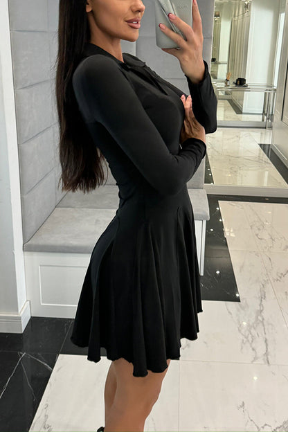 Color Lapel Long Sleeve Slim Fit Waist Mini Dress