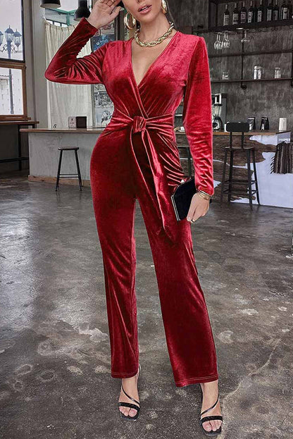 Color Velvet Deep V Belt Slim Jumpsuit