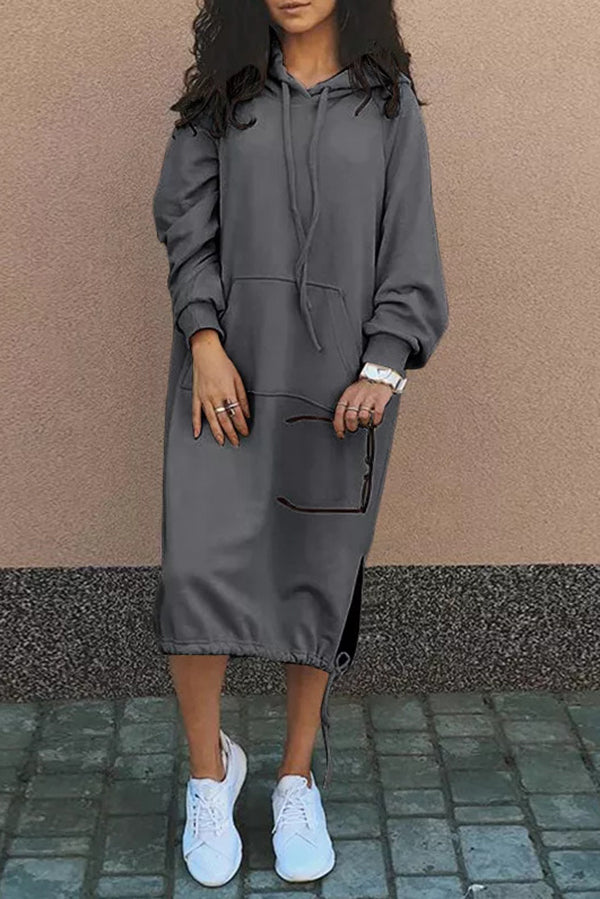 Color Hooded Lace-up Pocket Sweatshirt Style Midi Dress