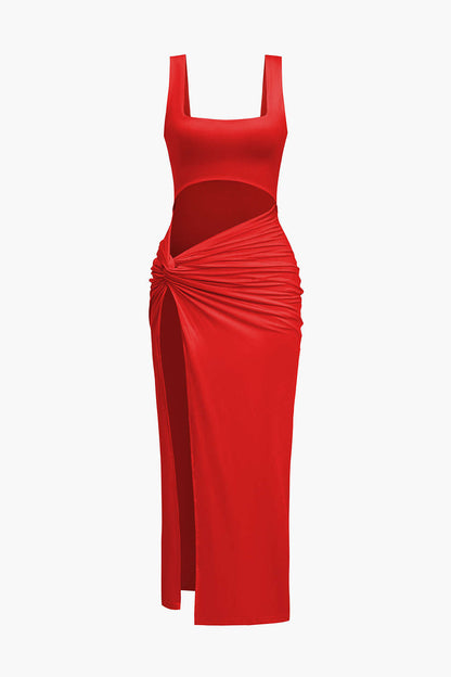 Color Y2k Twist Front Cut Out Slit Midi Dress