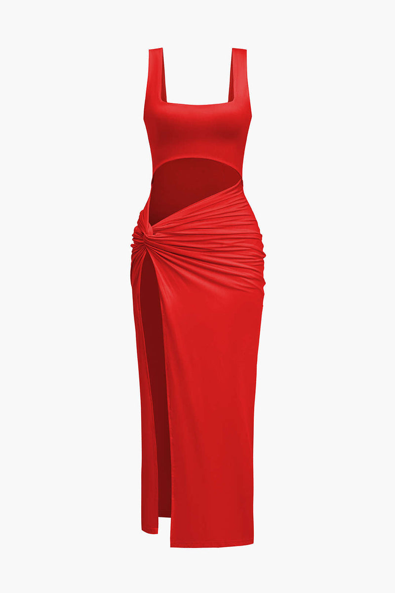 Color Y2k Twist Front Cut Out Slit Midi Dress