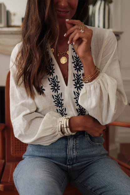 White Embroidered Frill V Neck Puff Sleeve Blouse
