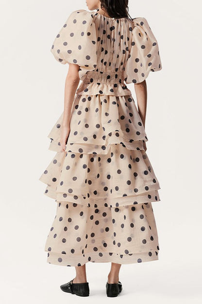 Polka Dot Puff Sleeve Ruffle Blouse a Line Tiered Skirt Set