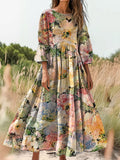 Women's Abstract Floral Print Flowy Crew Neck Pocket Cotton Dress