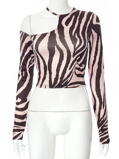 ’s T-shirt Long Sleeve Strapless Irregular Zebra Print Top Spring New Product Short Top Y2k Tees Newgirls