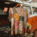 Countryside Style Collection Classy Patchwork Floral Pattern Art Linen Short Sleeve Tshirt
