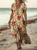 Women's Sequin & Floral Embroidered Linen Blend Vintage Dress elevenforest