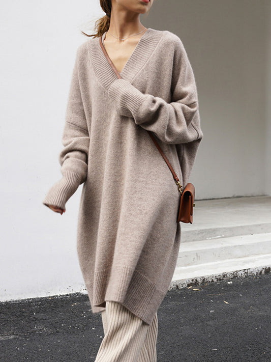 Stylish Long Sleeves Loose Color V-neck Sweater Dresses