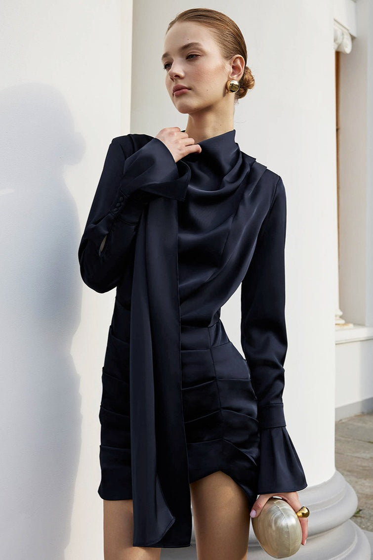 Matte Satin Bell Sleeve Stand Collar Mini Dress