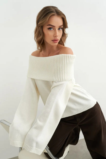 Color Off Shoulder Knitted Sweater