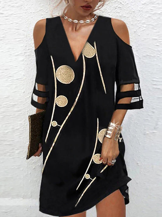 Half Sleeves Loose Hollow Mesh Polka-dot Printed Split-joint Cold Shoulder Mini Dresses