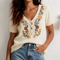 Women's Retro Bohemian Floral Embroidery V-neck Knit T-shirt elevenforest